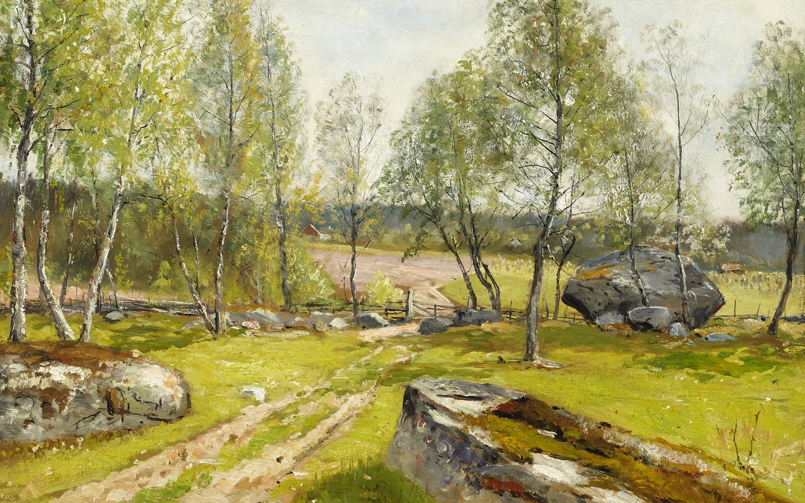 1900, Svensk kunstner, Svensk maler, Olof Hermelin, Birker i gården, Birketræer ved hegnet, Birke ved gården