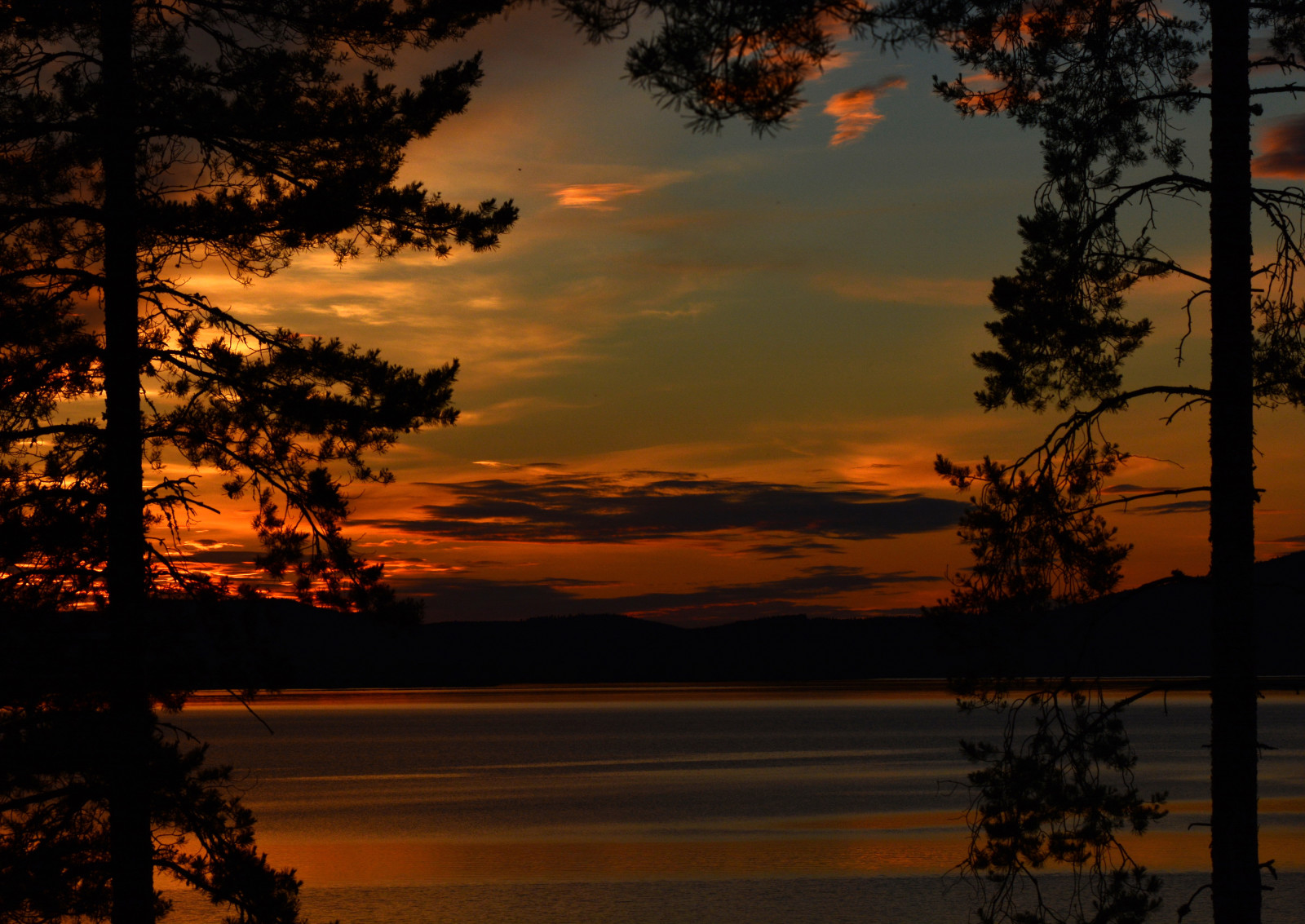 río, siluetas, puesta de sol, apuntalar, arboles