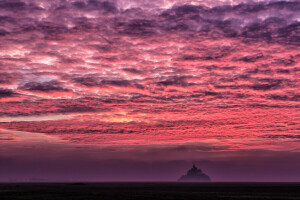 vár, felhők, Franciaország, sziget, Mont-Saint-Michel, Normandia, tenger, az ég