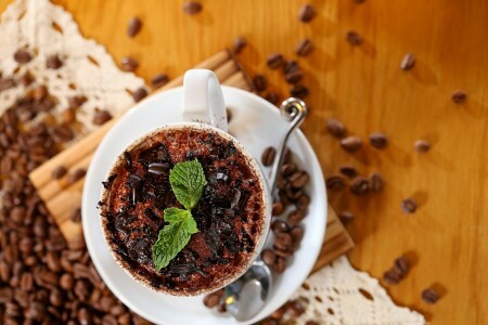 Chocolat, café, tasse, grain, feuilles, menthe, cuillère, blanc