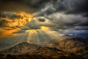 nuvens, Deserto, fogo, montanhas, o sol