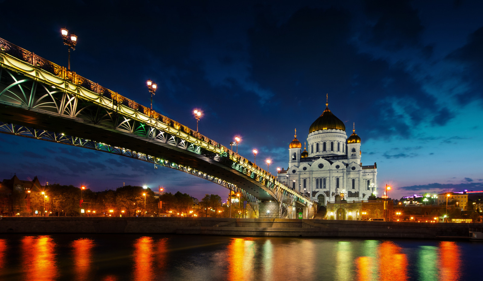 fiume, tramonto, riflessione, luci, Russia, Mosca, Il ponte patriarcale