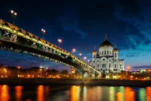 lights, Moscow, reflection, river, Russia, sunset, The Patriarchal bridge