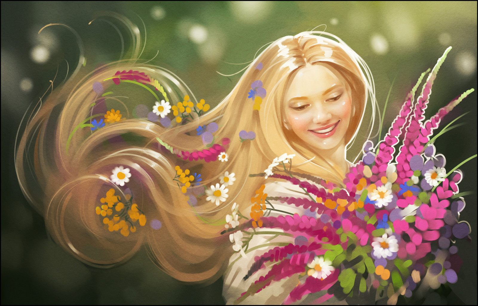 été, fille, blond, sourire, fleurs, art, cheveux