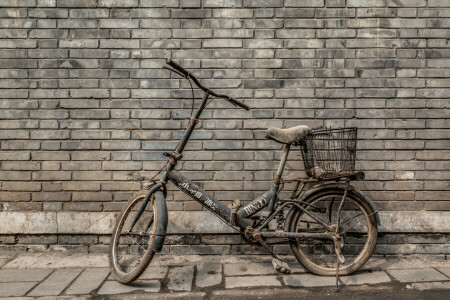 fiets, bakstenen, aarde, muur