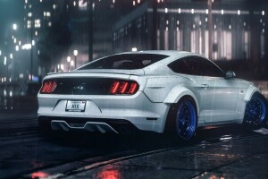 2016, car, Ford, Musle, Mustang, night, rain, Rear