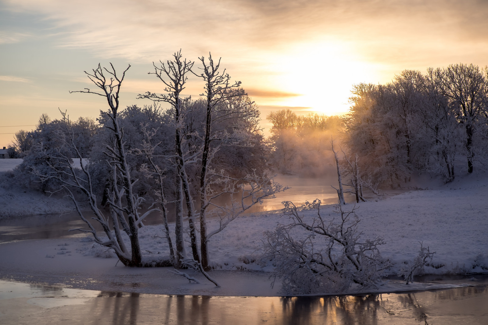 rivier-, winter, ochtend-