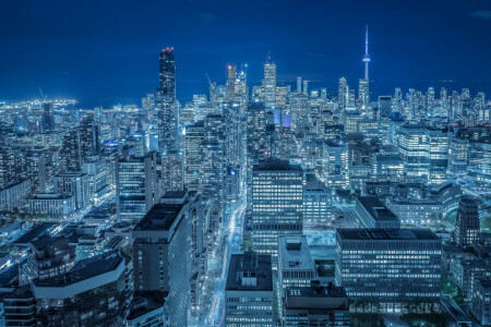 épület, Kanada, éjszakai város, panoráma, felhőkarcoló, Toronto