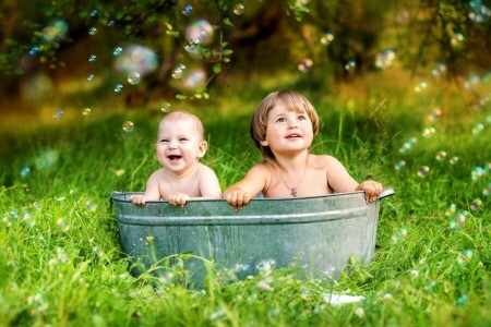 bulles, Enfance, les enfants, herbe, bonheur, Joie, des gamins, été