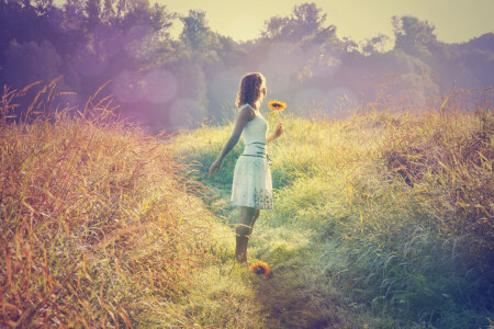 field, girl, grass, light, sunflower