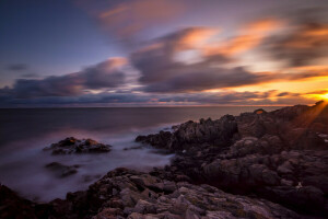 strand, gryning, stenar, Havet