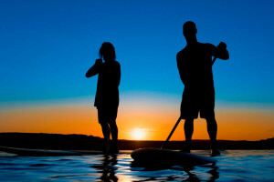 gloed, landschap, mensen, zonsondergang, water