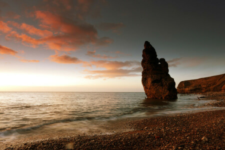 pilviä, rock, meri, auringonlasku, taivas