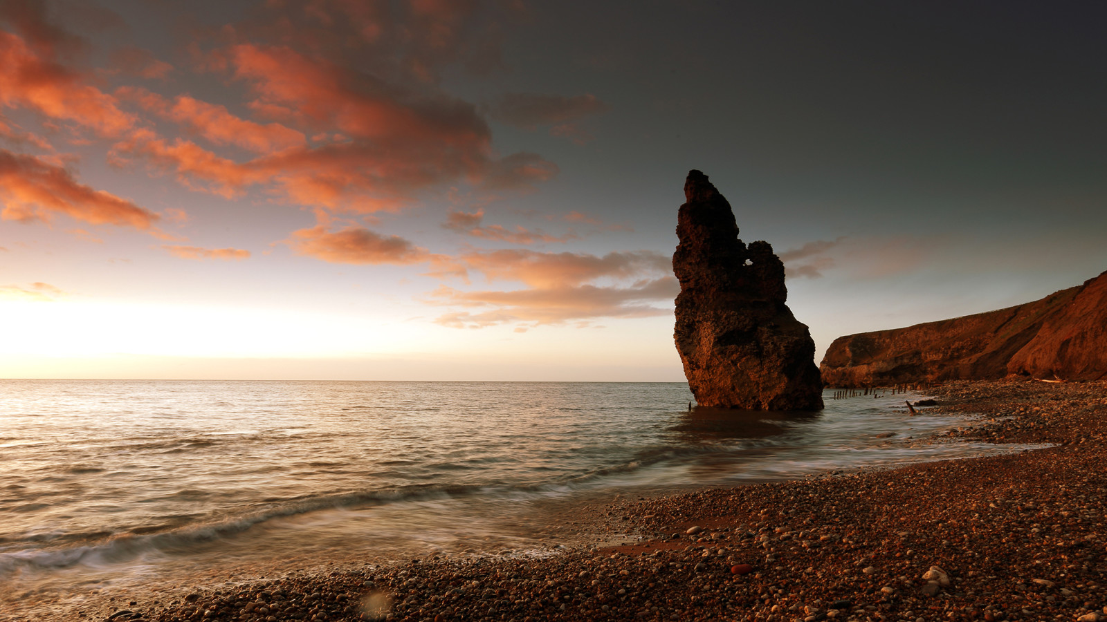 небо, заход солнца, море, облака, камень