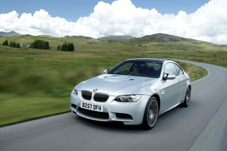 auto, BMW, cupé, gris, luces, Máquina, la carretera, El frente