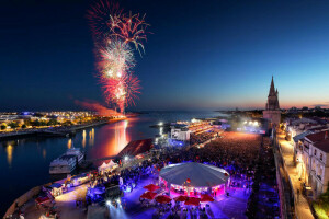 fogos de artifício, França, Dia da Independência, La Rochelle, noite, Poitou-Charentes, saudação