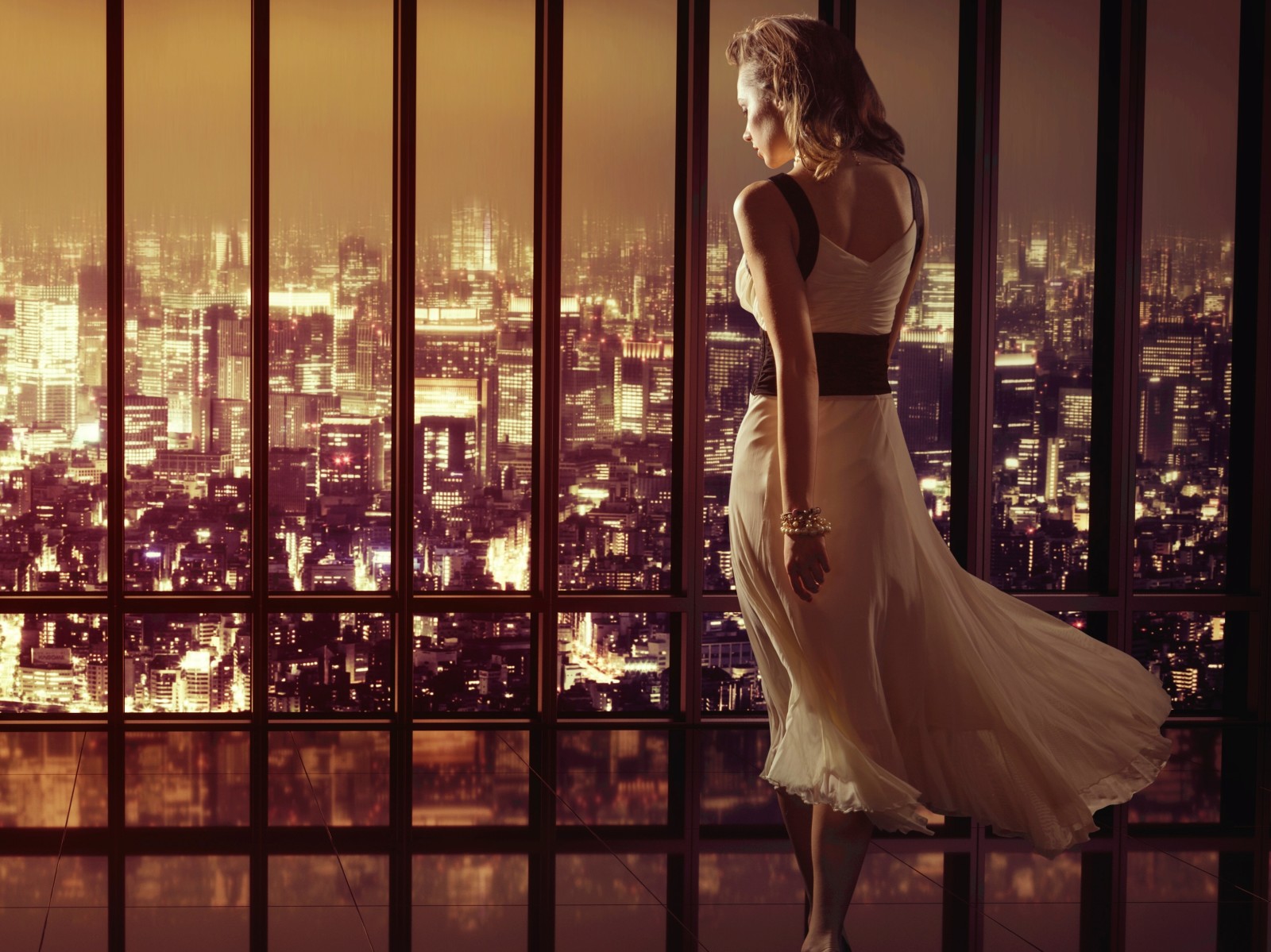 the city, night city, panorama, building, window, dress