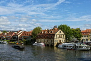 Bamberg, Wolken, Deutschland, Zuhause, Fluss, Schiffe, der Himmel, Bäume