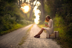 girl, road, suitcase