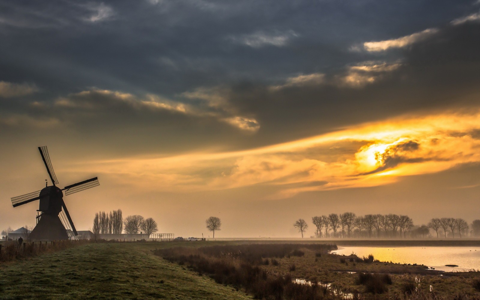 landschap, ochtend-, mist, molen