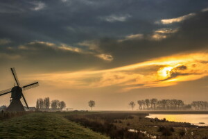 brouillard, paysage, moulin, Matin