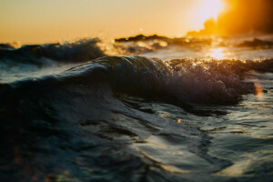 bokeh, schizzare, tramonto, il Sole, onda