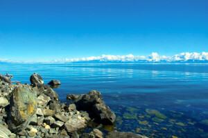 Baikal, nuvole, orizzonte, lago, Russia, riva, pietre, il cielo