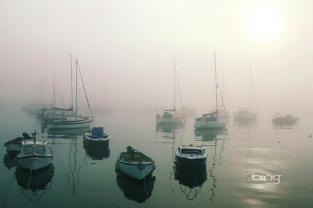 Bahía, barcos, calma, niebla, Puerto, ligero, mar