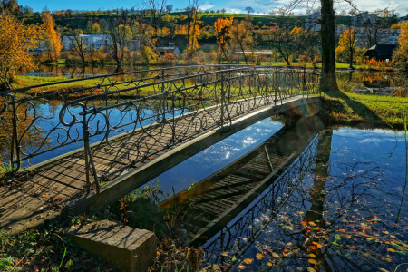 jesień, Park, strumień, Szwajcaria, most