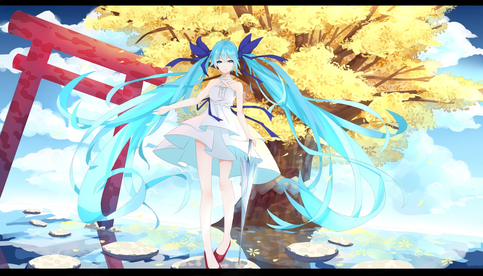 árbol, niña, Arte, agua, anime, vocaloid, Hatsune Miku, l.l.