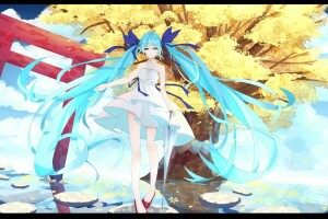 anime, Arte, niña, Hatsune Miku, l.l., árbol, vocaloid, agua