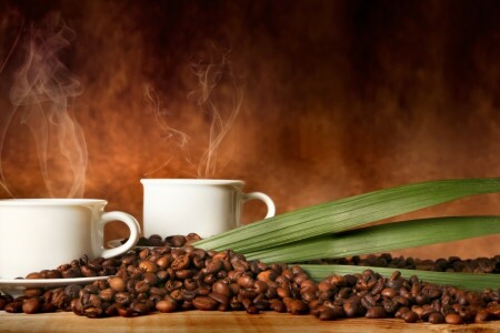 café, grains de café, tasse, fumée