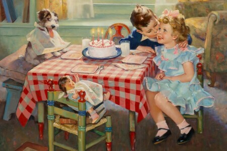 Birthday Kisses, Kiss on birthday, oil on canvas