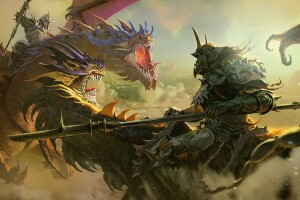 battle, despeje, dragons, helmet. horns, knights, mouth, peaks, shoulders