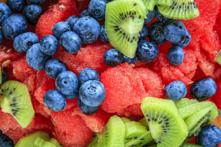 berries, blueberries, dessert, fresh, fruit, fruit salad, fruits, kiwi