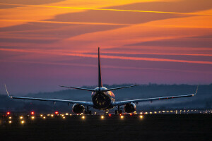 Airbus, lufthavn, daggry, lys, flyet