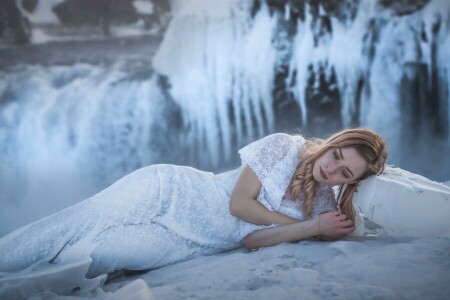 dress, frost, girl, ice, Iceland, model, waterfall, winter