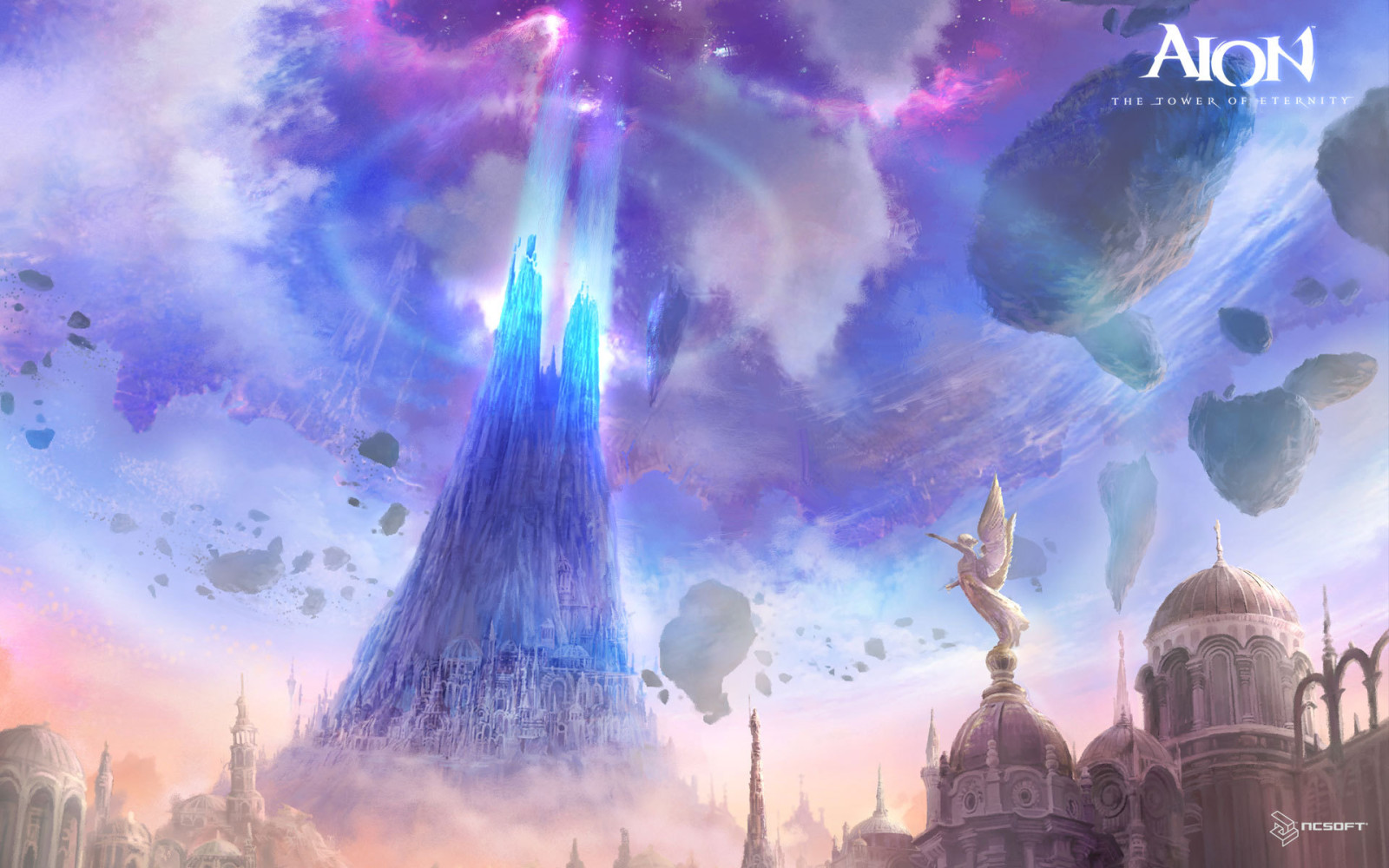 the sky, stones, lights, statue, spires, Aion