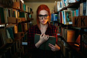 sardas, menina, óculos, Olá livro, biblioteca, inteligente, a beleza