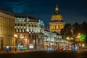 ev, ışıklar, hareket, gece, yol, Rusya, Saint Petersburg, sokak