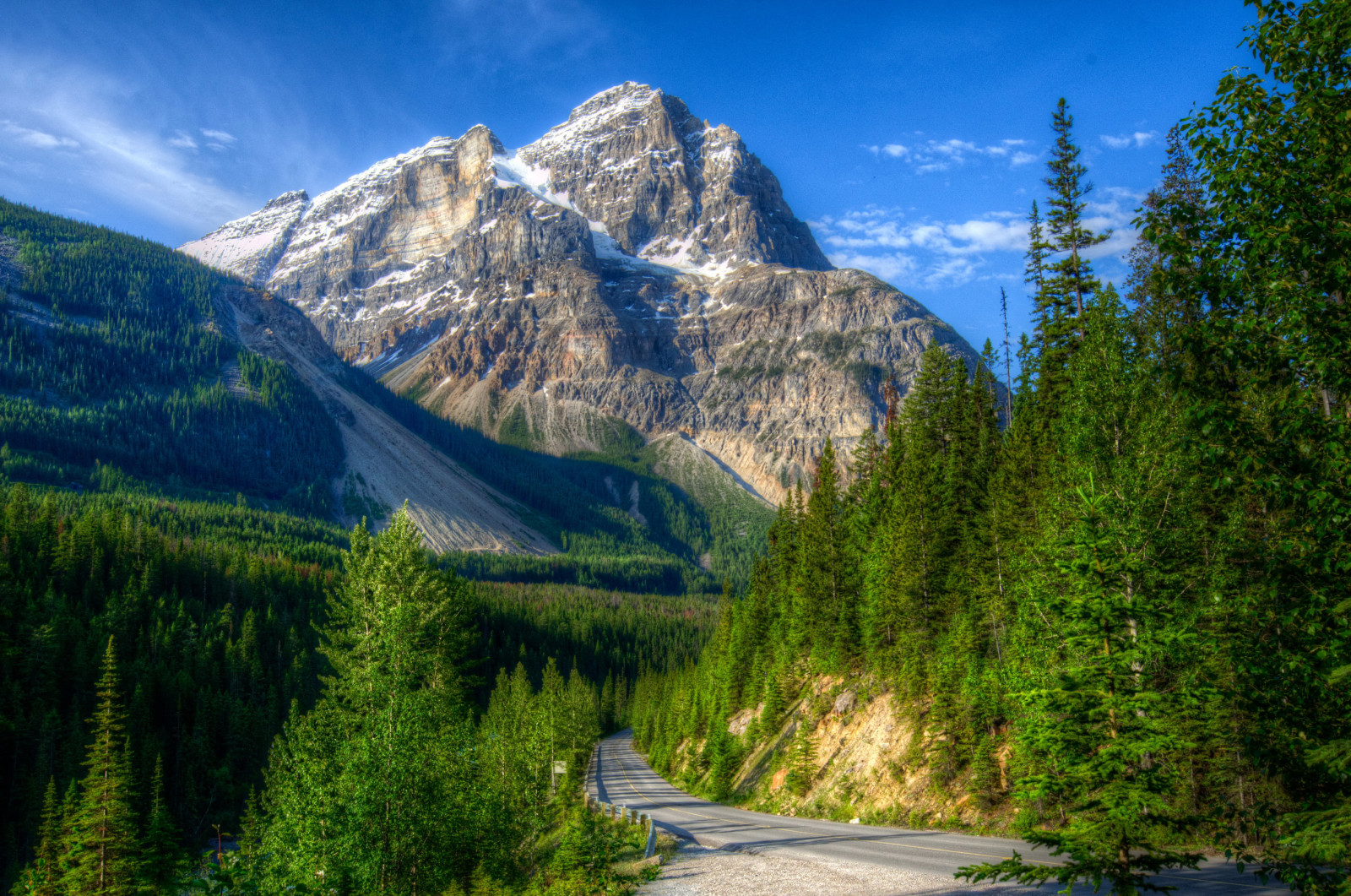 bleu, forêt, Le ciel, route, des arbres, Canada, légumes verts, montagnes