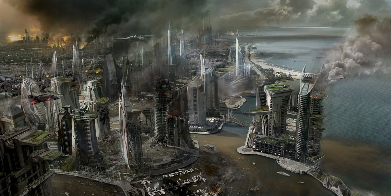 the city, skyscrapers, sea, ship, building, fire, view, mercenary