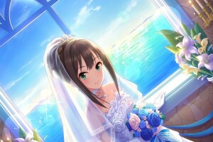 ciel bleu, Diadème, horizon, idolm @ ster, Lis, mer, la mariée, le bouquet de la mariée