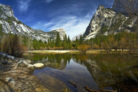 CA., Kalifornien, Wald, See, Spiegel Fluss, Berge, Betrachtung, Sierra Nevada