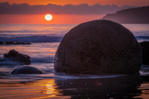 dawn, round, shore, stone, The ocean