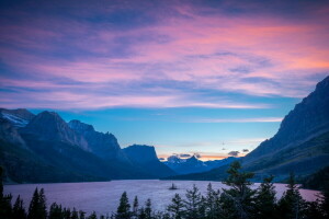 dawn, forest, lake, mountains, trees