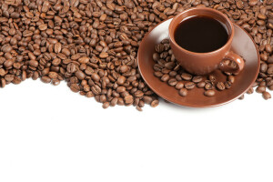 café, grains de café, tasse, soucoupe