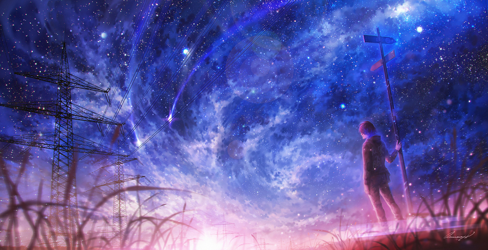 the sky, field, art, night, stars, guy