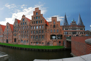 Puente, portón, Alemania, hogar, Lübeck, río, el cielo, torre