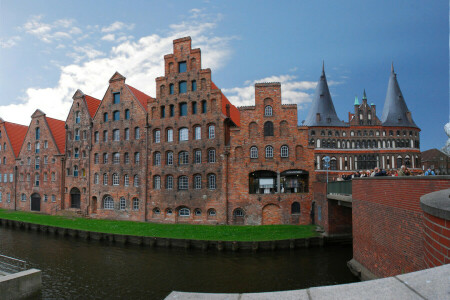 ponte, cancello, Germania, casa, Lübeck, fiume, il cielo, Torre